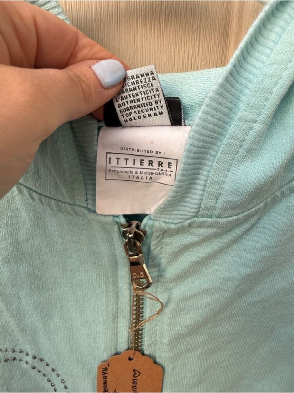 D&G Y2K Light Aqua Blue Embellished Cotton Rare Zip-Up Hoodie - Picture 5 of 10